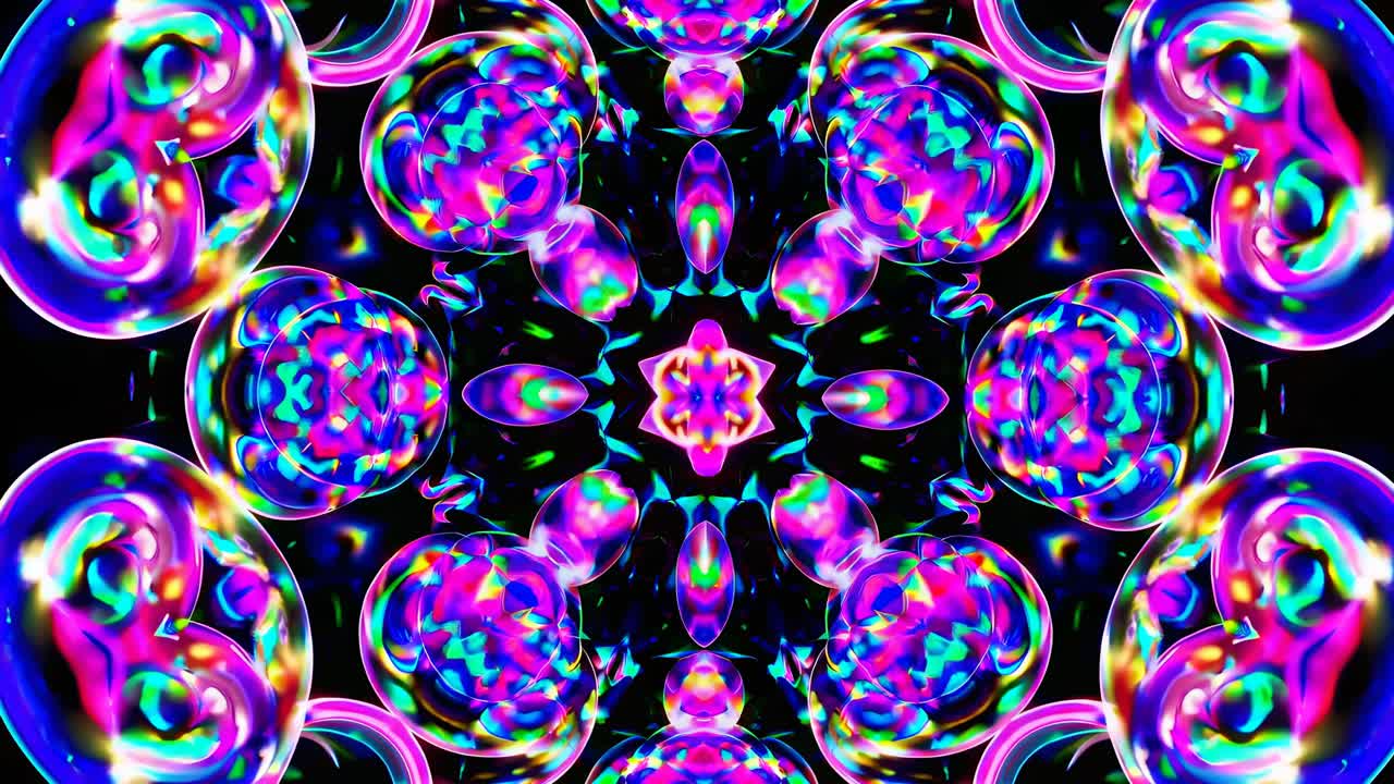 Psychedelic kaleidoscope pattern with vibrant neon colors
