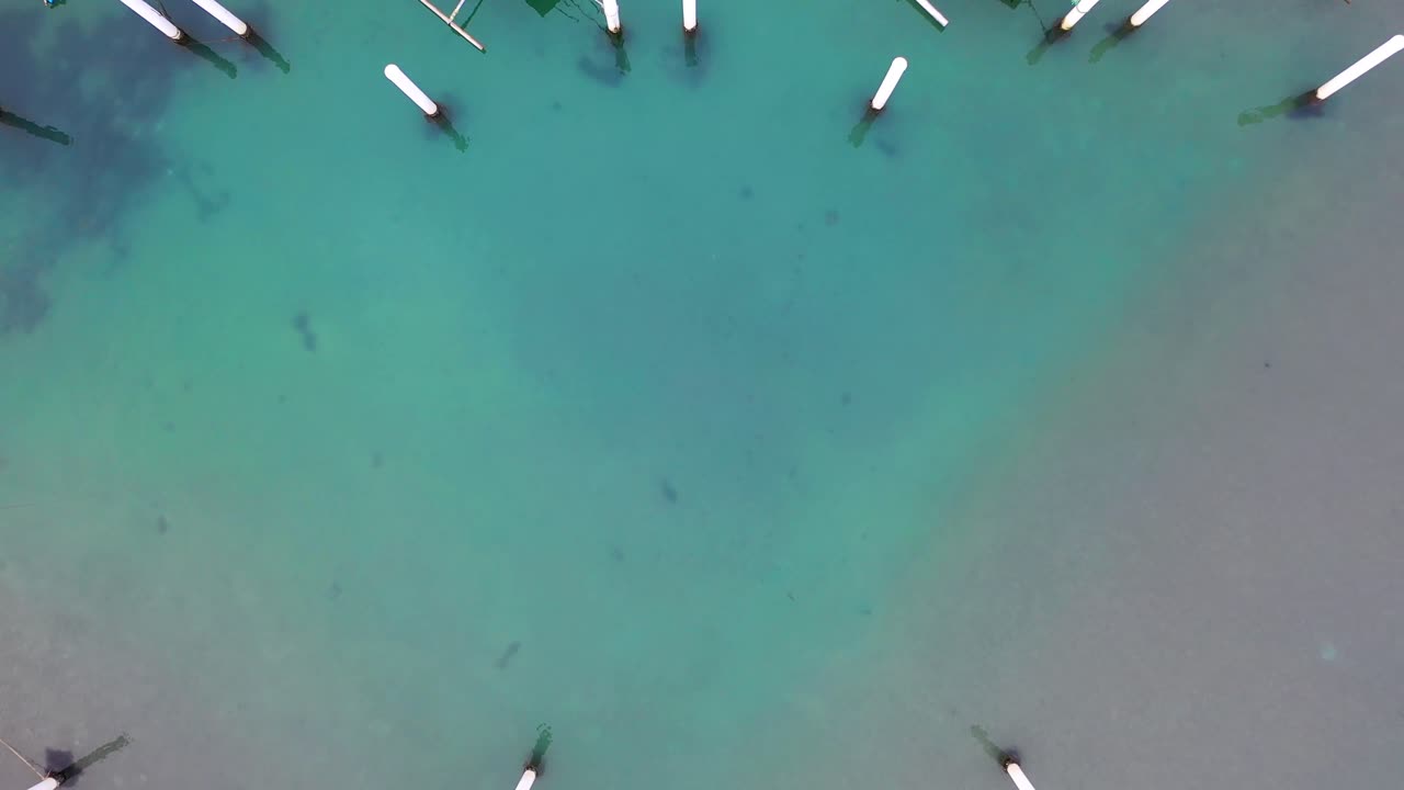 Ripresa aerea con drone del porto di Labuan Bajo a Flores, in Indonesia, che mostra barche ancorate in acque turchesi cristalline, la struttura del molo e un tranquillo paesaggio marino costiero