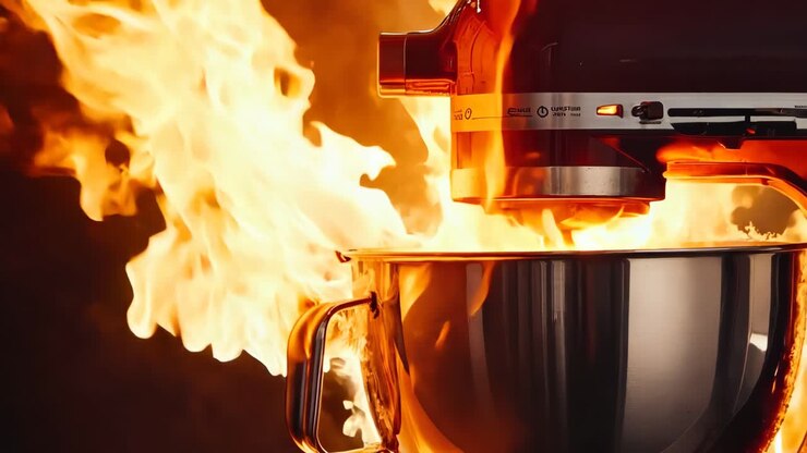 A kitchenaid mixer with flames coming out of it