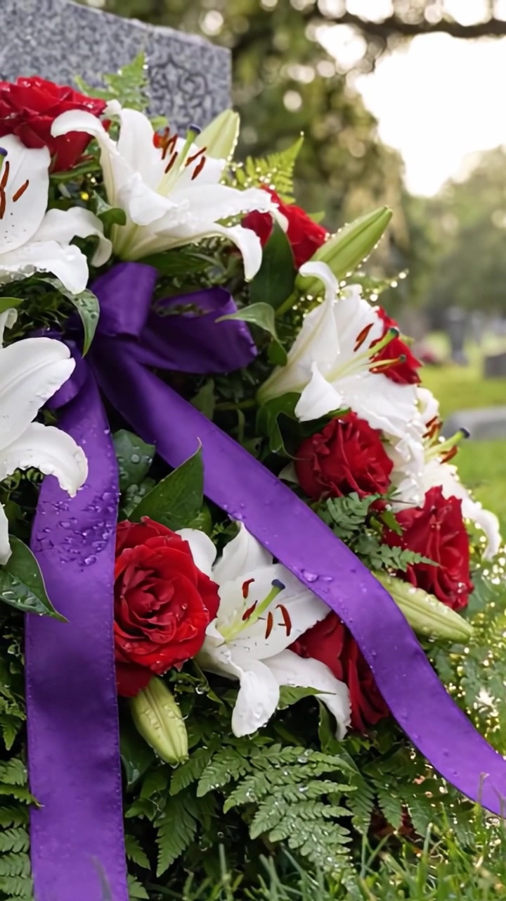 Bellissima composizione floreale di rose rosse e gigli bianchi adornata con un nastro viola, ambientata su un sereno paesaggio cimiteriale, che rappresenta ricordo e pace.