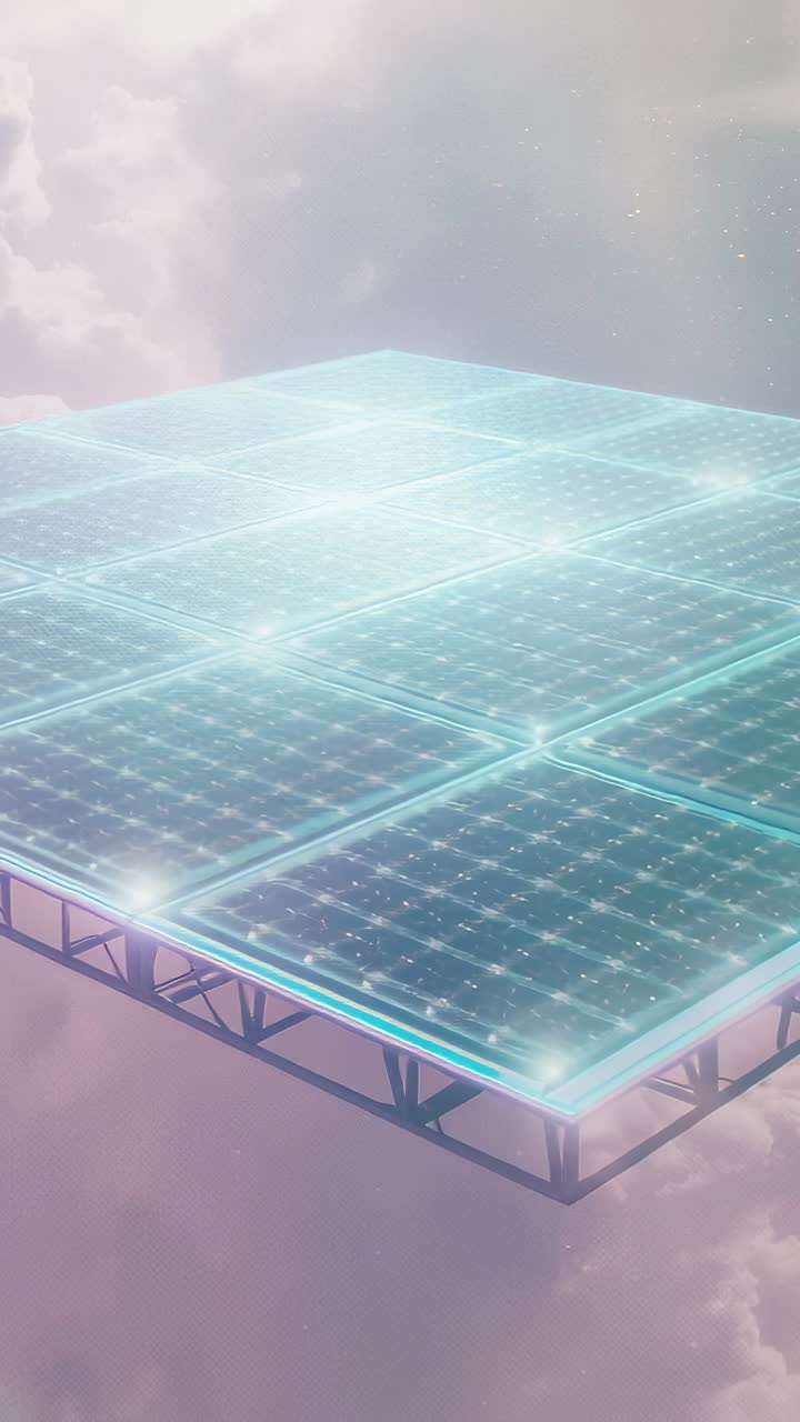 Vertical video: Shifting light driving solar array pulsing among pastel clouds, showing lit truss