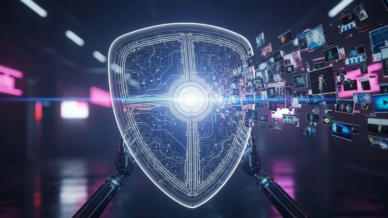 A futuristic representation of a robotic shield emanating digital content streams, illustrating the convergence of technology and security in a vibrant cybernetic environment