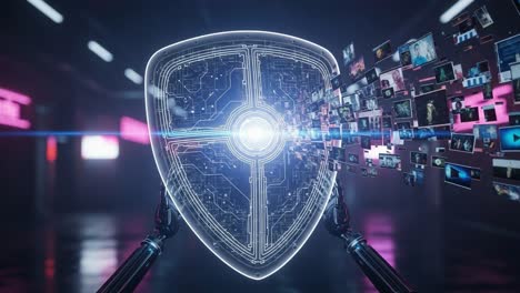 a futuristic representation of a robotic shield emanating digital content streams, illustrating the convergence of technology and security in a vibrant cybernetic environment