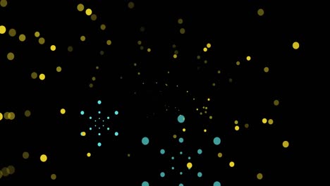 animation of blue firework explosions and bokeh yellow light spots on black background