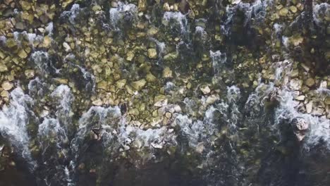 Drone-flying-over-river-stream-during-sunset