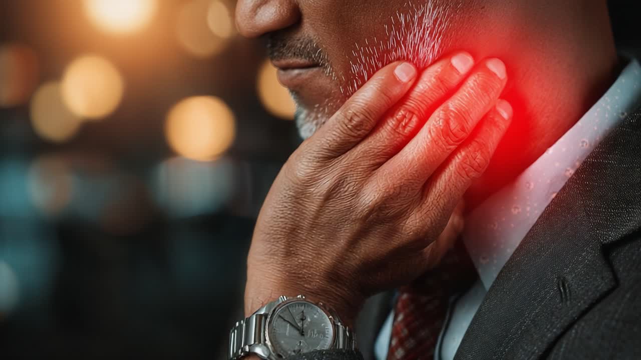 Un uomo in carriera che prova disagio, rappresentato con una mano sulla mascella e un'espressione di dolore. Questa immagine cattura il costo emotivo e fisico dello stress o dei problemi di salute.