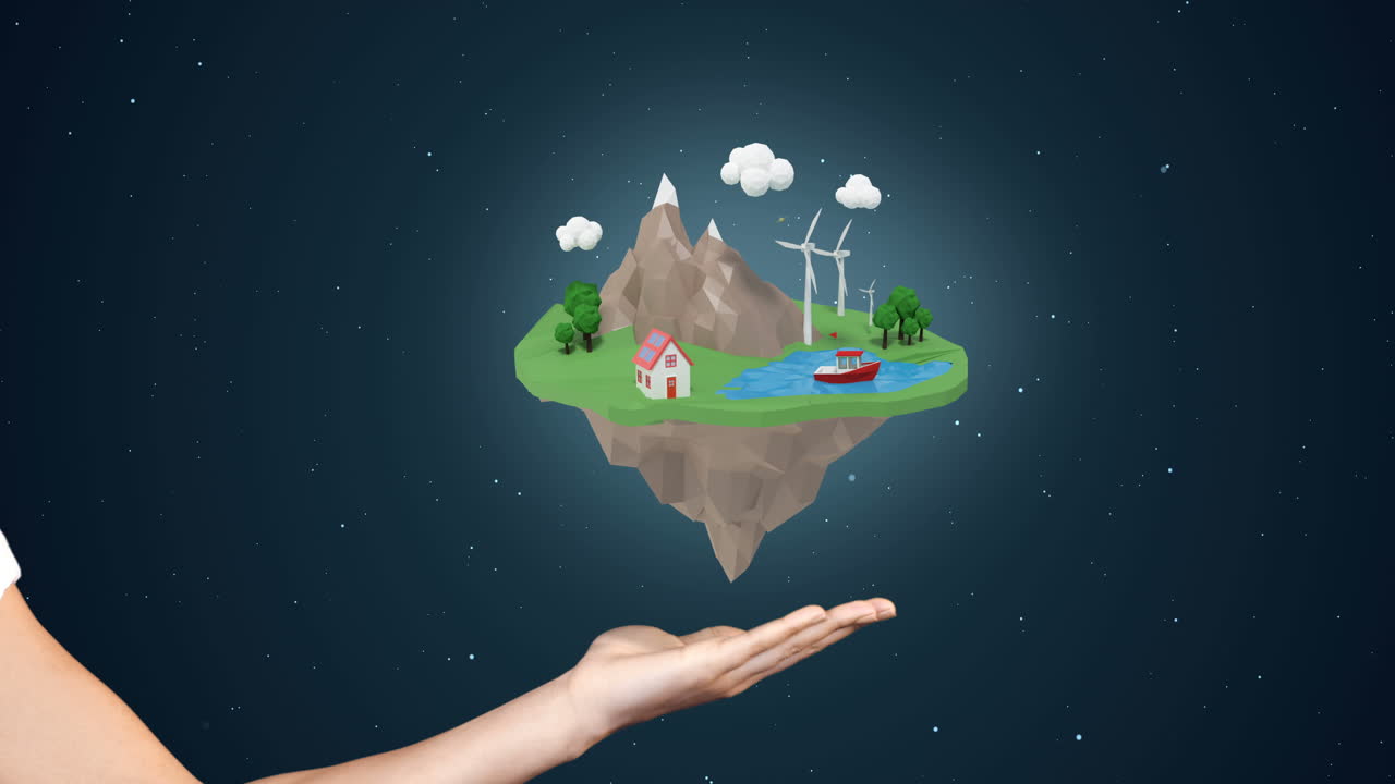 mano que muestra aviones viajando alrededor de la isla flotante