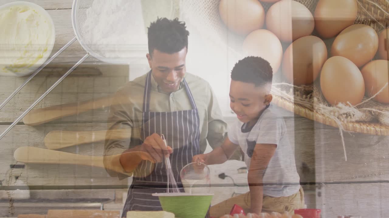 animación de un feliz padre e hijo afroamericanos horneando sobre huevos y canasta