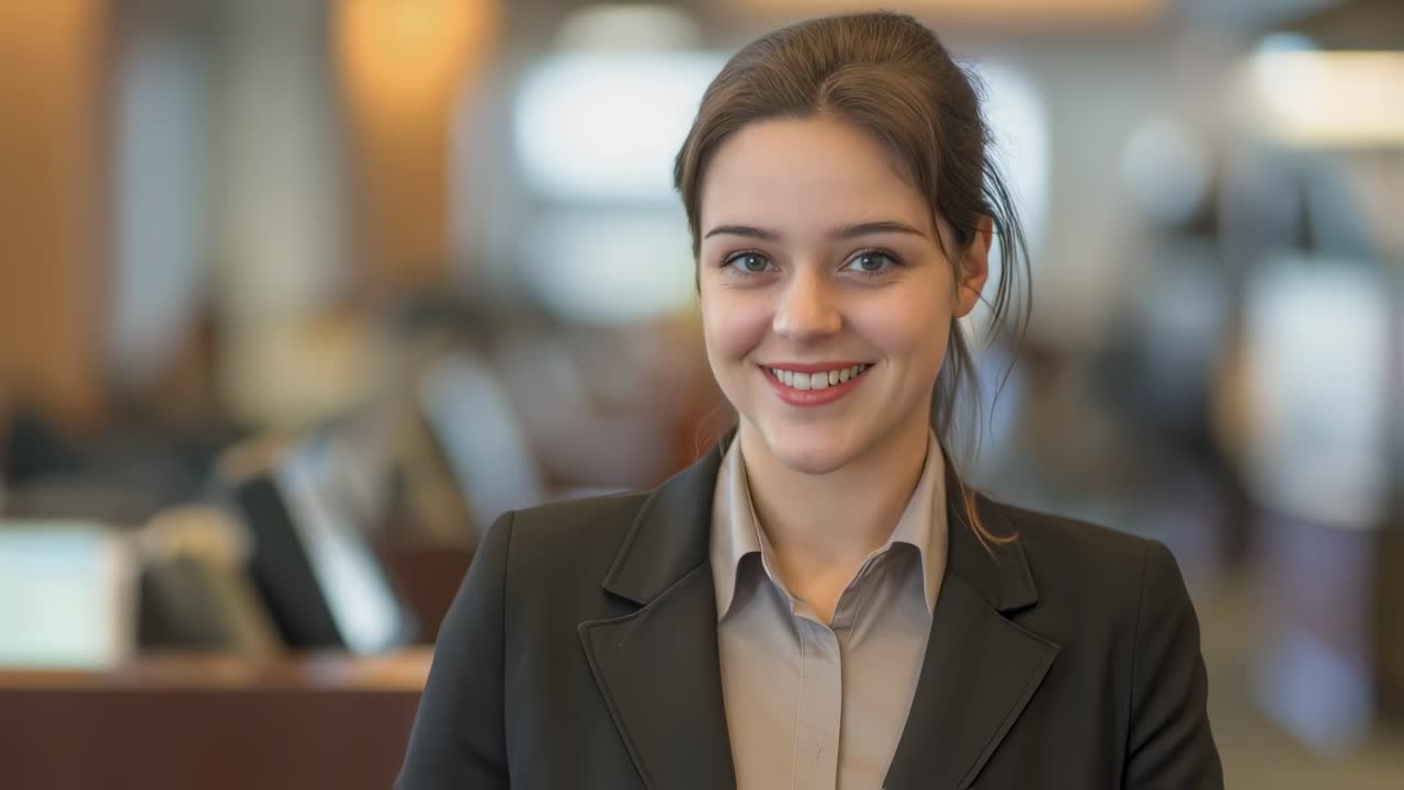 Business professional standing confidently in sleek office lobby, tailored suit highlighting corporate leadership with genuine, engaging smile during mid morning work environment