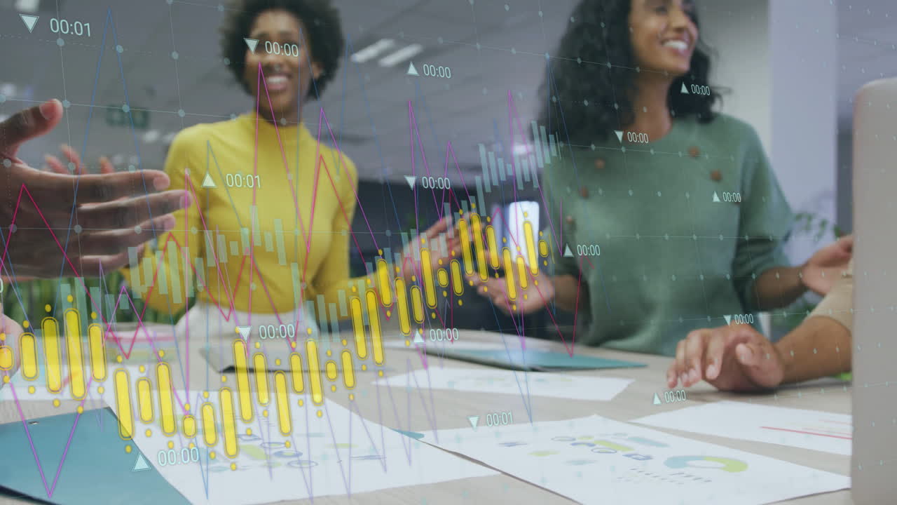 Animation of financial data processing over diverse business people in office
