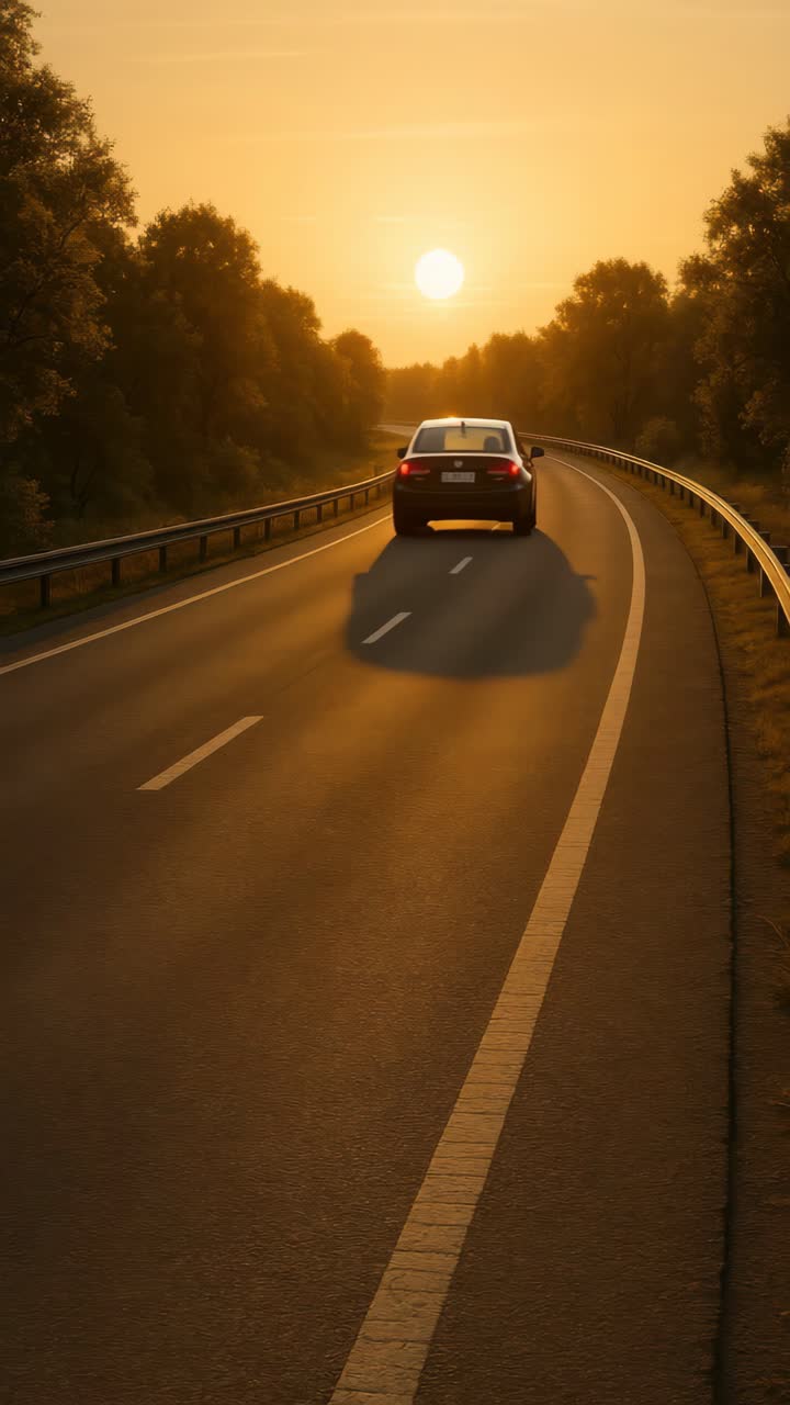 Video di una serena scena al tramonto con un'auto che guida su una strada tortuosa. Sfondo animato per cellulare