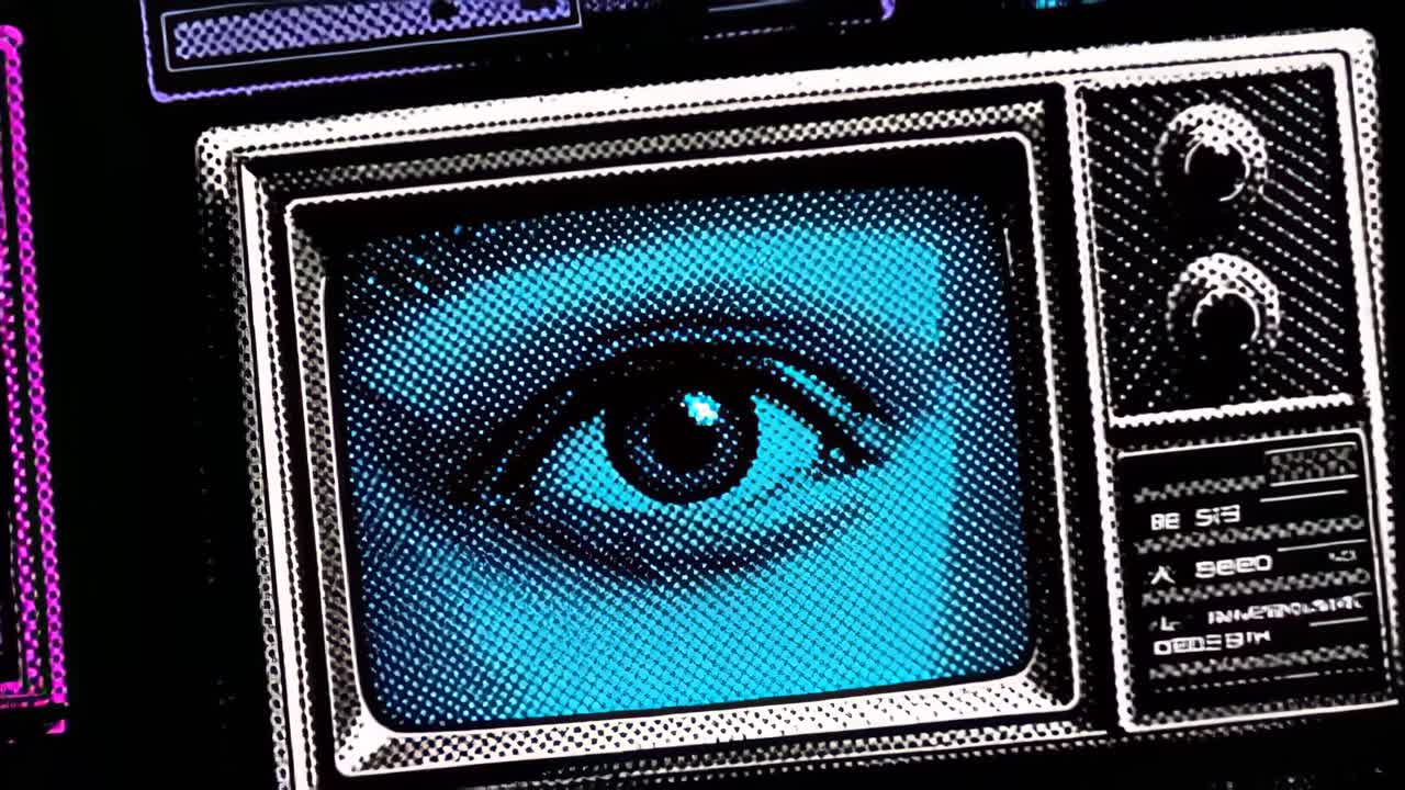 Stylized close up of a human eye displayed on a vintage television screen with halftone texture and neon colors, symbolizing surveillance, privacy, and media control
