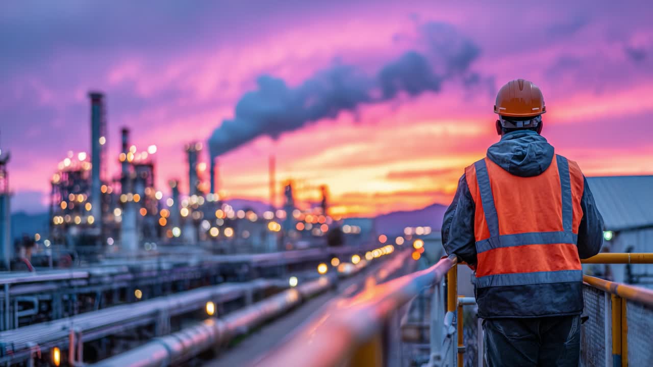 A Worker Observing an Industrial Landscape at Sunset, Capturing the Beauty of Technology and Nature's Contrast Amidst Vibrant Colors and Smoke Emissions