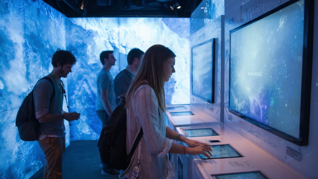 Engaging Visitors at an Interactive Exhibit with Digital Screens and Immersive Backgrounds, Creating a Unique Learning Experience in a Modern Display Environment for Technology and Exploration Enthusiasts