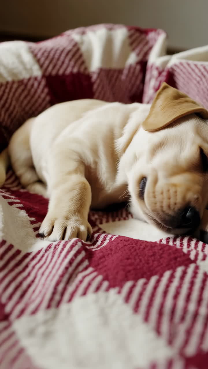 Adorable Puppy Resting and Chewing on a Red Plaid Blanket
