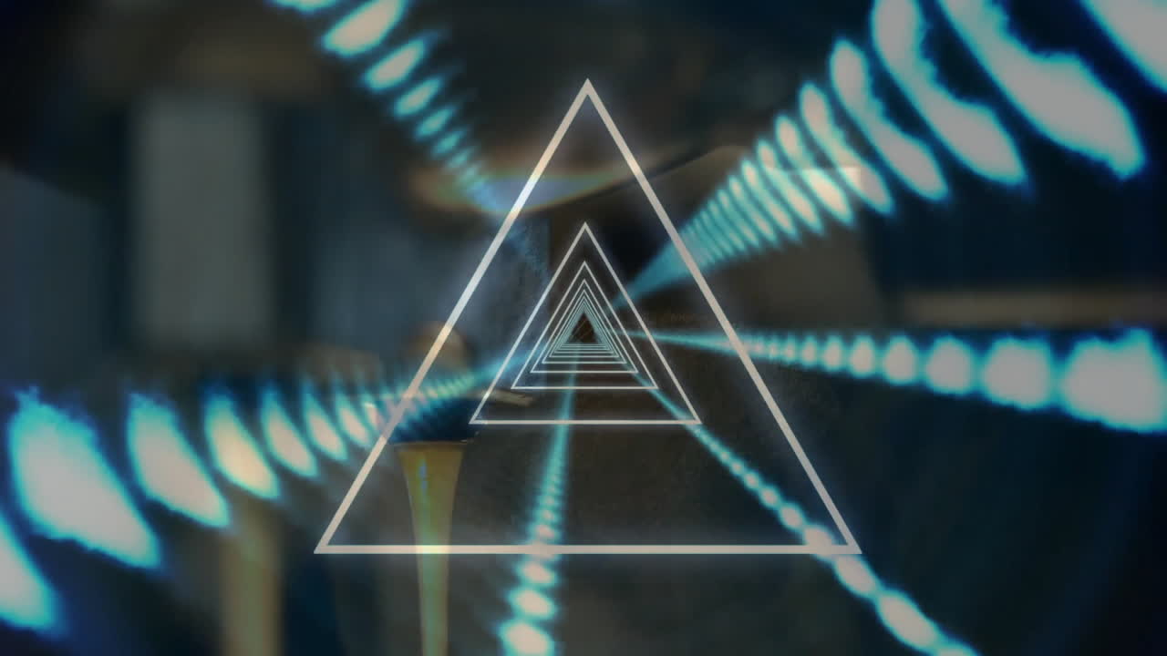 Fractal wireframe triangles receding, dotted light streaks radiating symmetrically in flat design