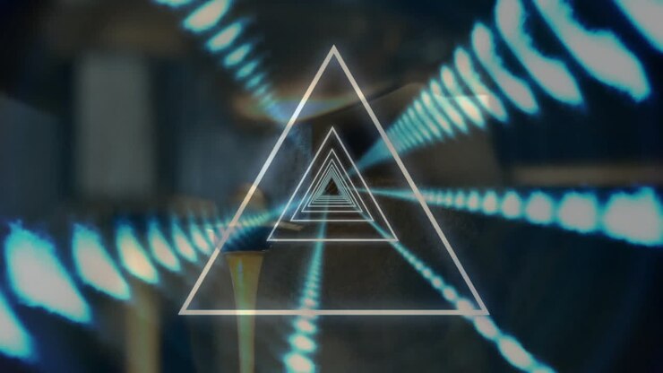 Fractal wireframe triangles receding, dotted light streaks radiating symmetrically in flat design