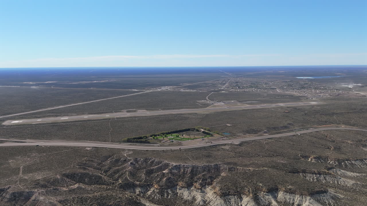 Aerial view of El Tehuelche Airport in Puerto Madryn. Patagonia, Argentina. Exploration tourism.