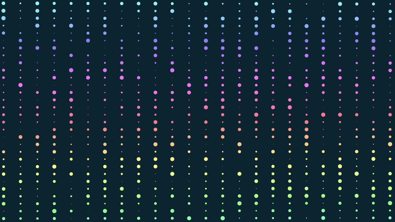 Abstract footage of multicolor glowing dots falling in vertical lines on a dark background, creating a soft bokeh rain effect for digital backdrops and overlays