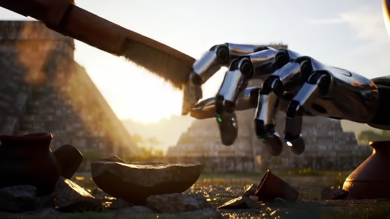 A Futuristic Robotic Hand Engaging with Ancient Artifacts at Sunrise, Bridging the Gap Between Technology and History in a Stunning Visual Landscape