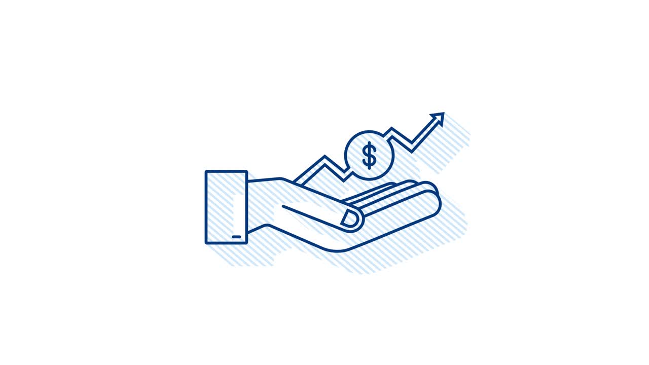 그림자 이익 (돈 또는 예산) 현금 및 상승 그래프 화살표 손에. 자본 수익, 이익, 모션 그래픽.