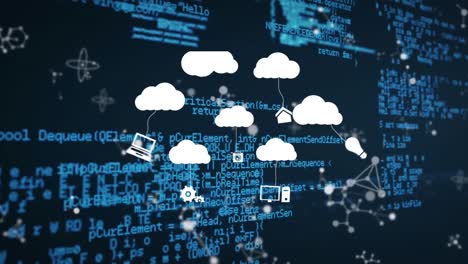 animación de nubes con iconos sobre el procesamiento de datos y moléculas