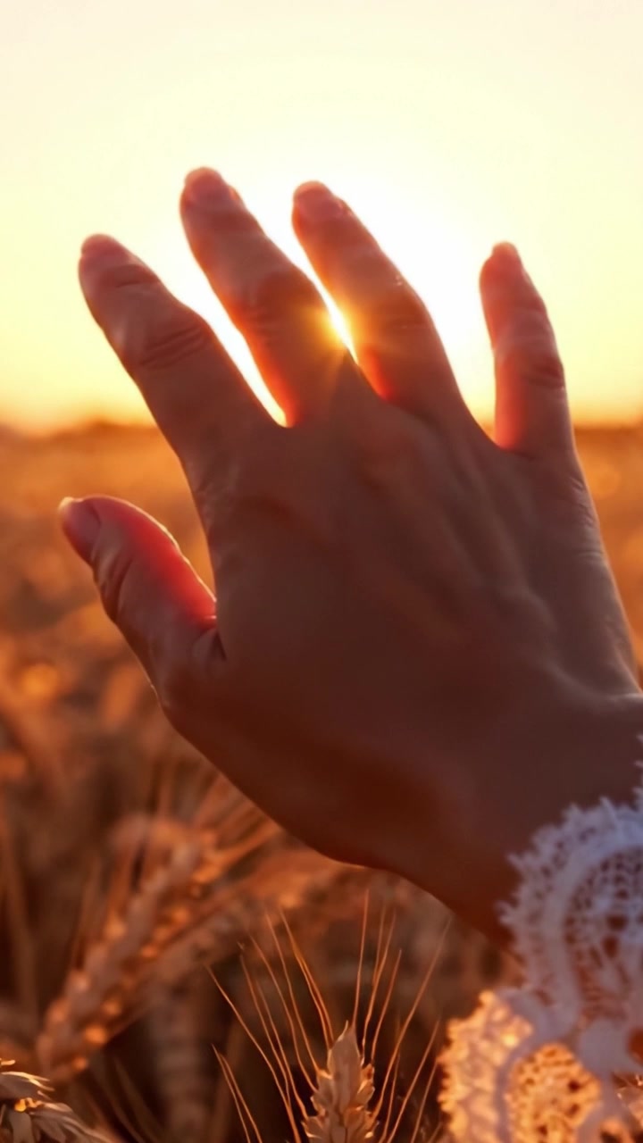 Catturare l'essenza del raccolto: una mano che si protende verso l'orizzonte luminoso di campi di grano al tramonto, simboleggiando abbondanza e connessione con la natura.