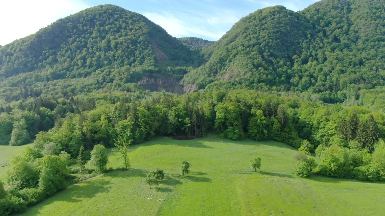 Aerial forward view of valley in Kocevje, Slovenia
