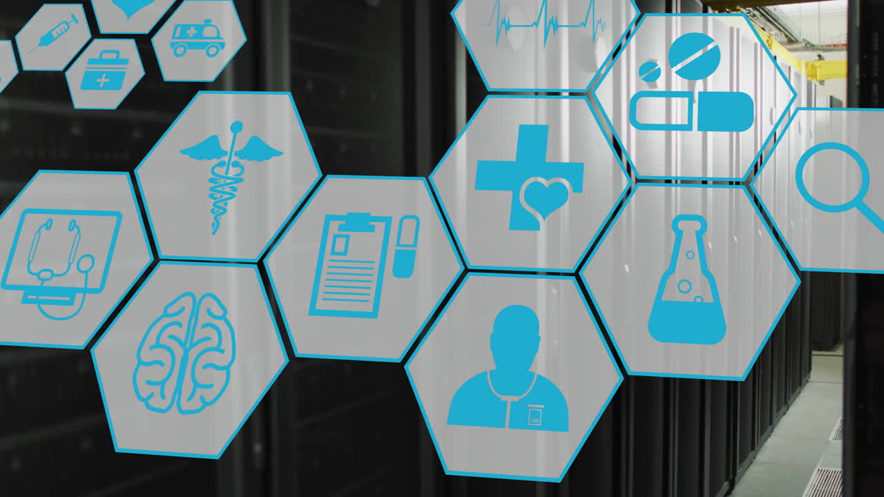 animación de la red de iconos médicos y procesamiento de datos a través de servidores informáticos