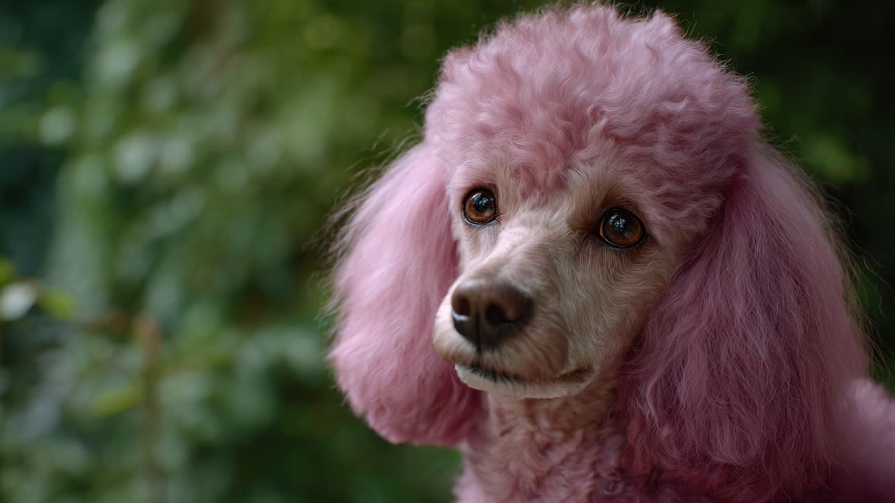 Doğal ortamında pembe bir oyuncak köpek, eşsiz rengi ve büyüleyici ifadesiyle dikkat çekiyor ve bu sevimli köpek dostunun güzelliğini sergiliyor