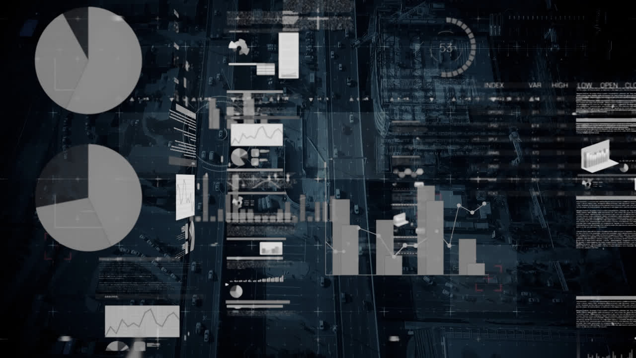 Animation of data processing and statistics on screen over cityscape