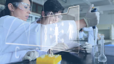 científicos en un laboratorio con una secuencia de base genética y una interfaz digital