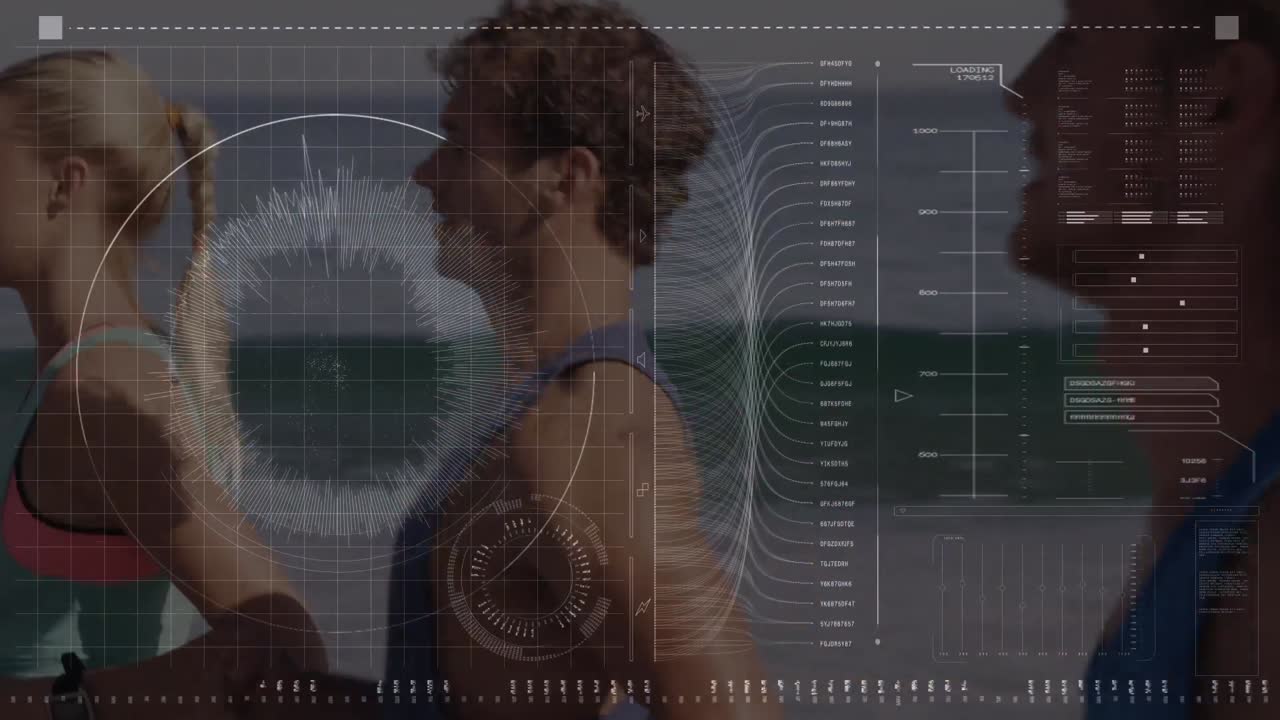 animación de datos en pantalla digital sobre hombre y mujer caucásicos corriendo en la playa