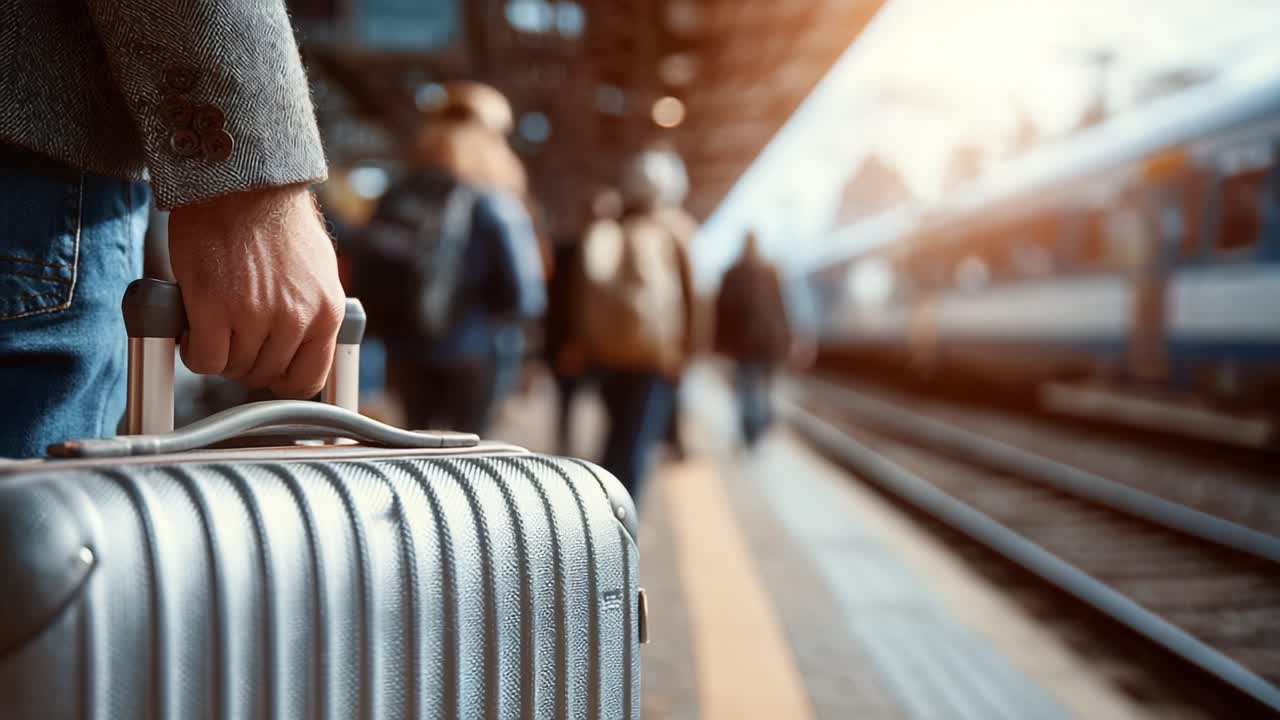 A Traveler Holding a Silver Suitcase at a Train Station, Surrounded by Passengers in Motion, Capturing the Essence of Departure and Journey