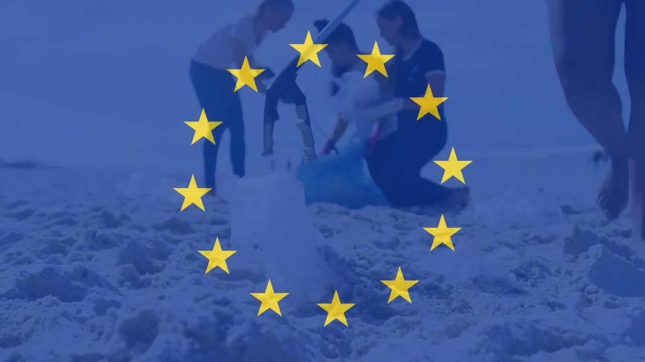 animación de la bandera de la ue sobre diversos voluntarios limpiando la playa