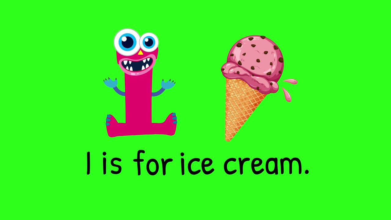 Bright, playful animation with a monster-themed letter 'I' and ice cream cone on a green background