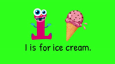 bright, playful animation with a monster-themed letter 'i' and ice cream cone on a green background