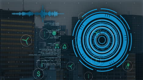 Animation-of-data-processing-and-scope-scanning-over-cityscape