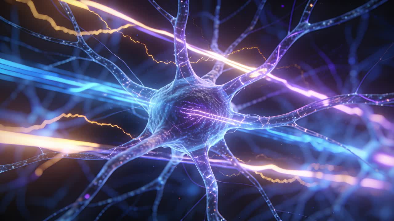 Pulsing neuron-like soma responding to passing blue and gold ribbons in dark neural field