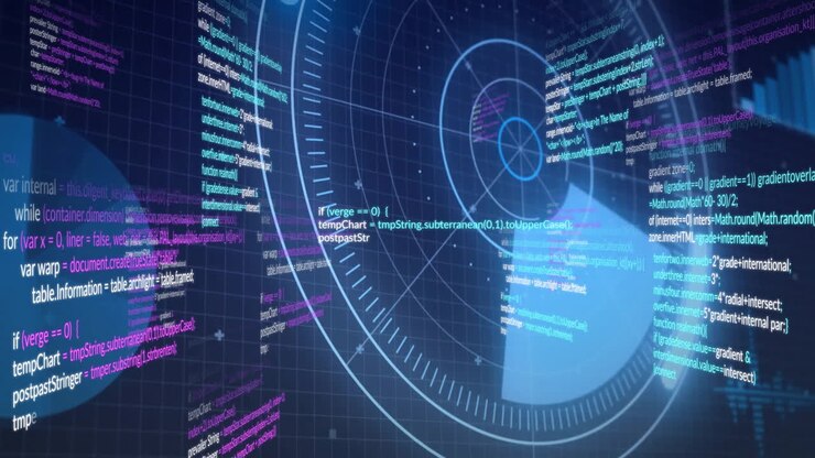 Coding and data processing animation with futuristic HUD interface