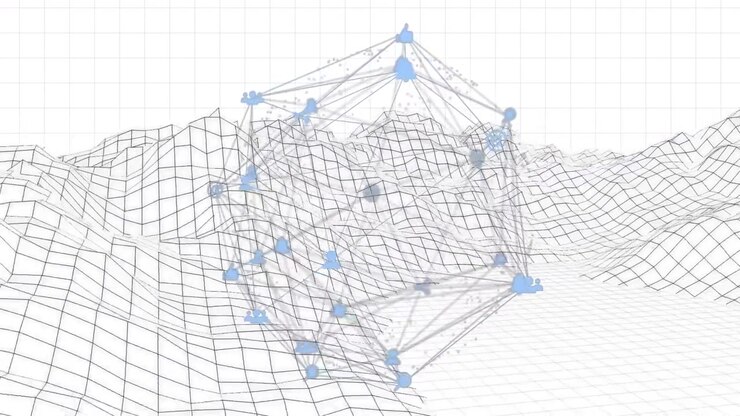 Semi-transparent polyhedral net floating and shifting as camera orbiting showing data connections