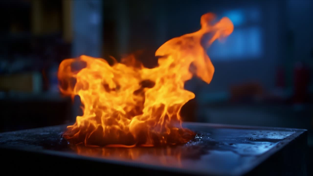 Betagende ildedynamik: En fantastisk visuel rejse gennem flammer på en overflade i to forskellige frames, der fremhæver deres udviklende natur og intensitet