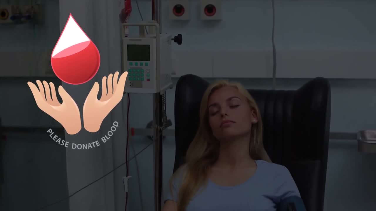 Animazione di goccia di sangue e testo 'Dona sangue' su paziente donna caucasica