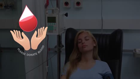 animation of blood drop and donate blood text over caucasian female patient