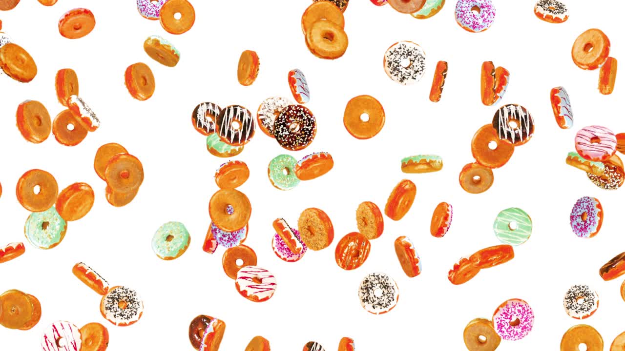 Viele bunte Donuts fliegen auf weißem Hintergrund. Donut-Kuchen, Süßigkeiten, Dessert. 3D-Animation eines rotierenden Donuts. Endlosschleife.