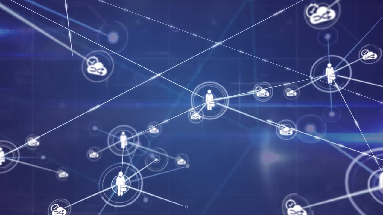 animación de iconos conectados con líneas sobre las bengalas de la lente contra un fondo abstracto