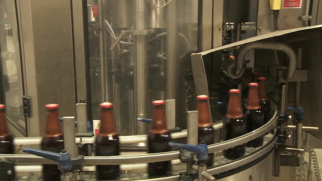 보틀링 공장의 컨베이어 벨트를 따라 병 지퍼 10