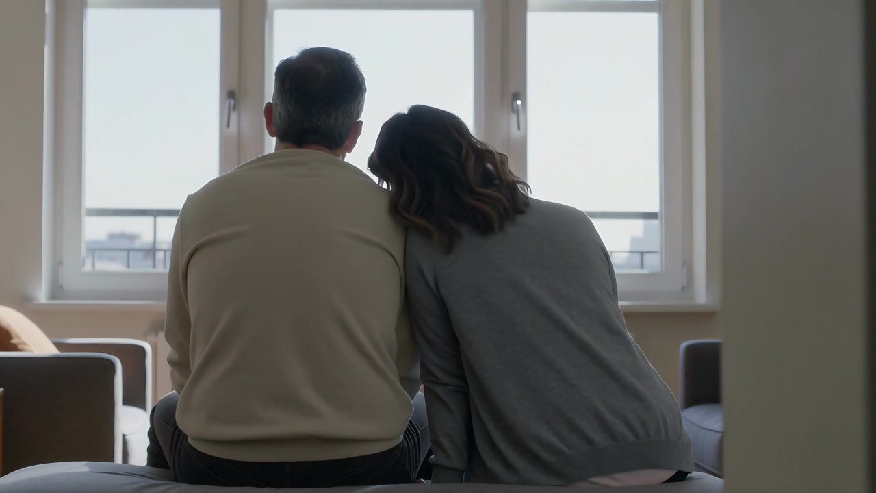 Leaning woman resting head on man shoulder after pause showing love at home 3-pane window, sweaters