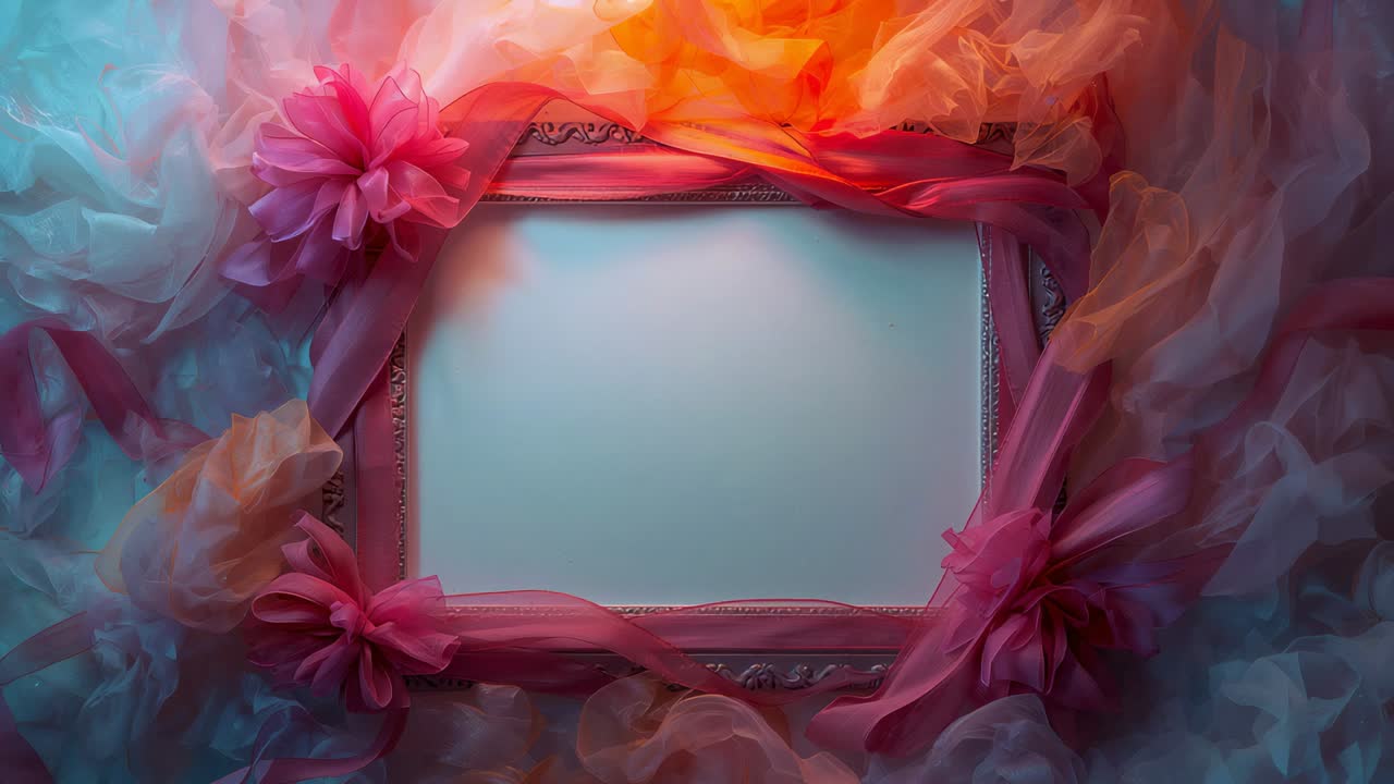 Moldura apoiada no estúdio sobre tule pastel decorado com fitas rosas, flores de tule sob brilho degradê