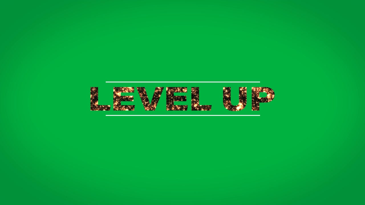 Digital animation of fire burning level up text in between parallel lines against black background